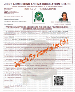 JAMB Admission letter 2025